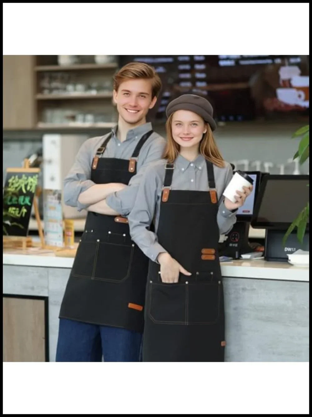 Water Repellent Apron with Adjustable Strap and Pockets for Cooking